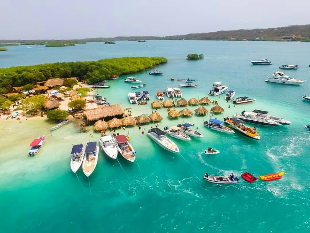 Boats anchored at Cholón, the party island near Cartagena